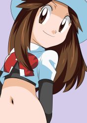 Rule 34 | 1girl, breasts, brown eyes, brown hair, closed mouth, commentary, cosplay, creatures (company), game freak, gloves, hainchu, hat, highres, jessie (pokemon), jessie (pokemon) (cosplay), leaf (pokemon), long hair, looking at viewer, midriff, navel, nintendo, pokemon, pokemon frlg, porkpie hat, simple background, smile, solo, stomach, team rocket, team rocket uniform