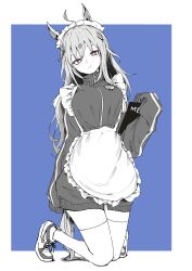 Rule 34 | 1girl, absurdres, ahoge, animal ears, apron, blue background, blush, border, bright pupils, frilled apron, frills, full body, greyscale with colored background, hair ornament, head tilt, highres, holding, holding menu, horse ears, horse girl, horse tail, jacket, jersey maid, kneeling, long hair, looking at viewer, maid, menu, monochrome, name tag, neo universe (umamusume), outside border, shoes, simple background, sleeves past fingers, sleeves past wrists, smile, sneakers, solo, sudachi-udon, tail, thighhighs, track jacket, umamusume, unconventional maid, waist apron, white border, zipper pull tab