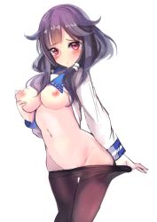 Rule 34 | 10s, 1girl, blush, breasts, chu shimotsuki, clothes lift, clothes pull, grabbing, grabbing another&#039;s breast, kantai collection, large breasts, long hair, looking at viewer, midriff, navel, nipples, no bra, no panties, open mouth, pantyhose, pantyhose pull, purple hair, pussy, red eyes, school uniform, serafuku, shirt lift, simple background, solo, standing, taigei (kancolle), thigh gap, tongue, twintails, uncensored, white background