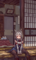 Rule 34 | 1girl, :d, animal ear fluff, animal ears, black legwear, blush, boots, detached sleeves, fox ears, highres, japanese clothes, kimono, kotatsu, long hair, looking at viewer, open mouth, original, red eyes, silver hair, sitting, sleeves past wrists, smile, solo, suzuno (bookshelf), table