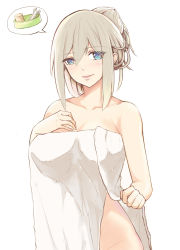 Rule 34 | 1girl, breasts, hair up, hand on own chest, highres, large breasts, lexington (warship girls r), naked towel, out-of-frame censoring, parted lips, platinum blonde hair, silver hair, simple background, smile, solo, speech bubble, towel, warship girls r, white background, wrench, xiao shei..