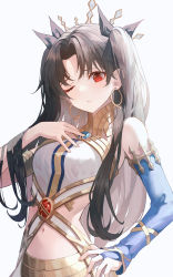 Rule 34 | 1girl, ;(, absurdres, armlet, bare shoulders, black bow, bow, breasts, bridal gauntlets, closed mouth, earrings, fate/grand order, fate (series), hair bow, hand on own hip, hand on own chest, highres, hoop earrings, ishtar (fate), jewelry, kerno, long hair, looking at viewer, medium breasts, navel, parted bangs, red eyes, simple background, sleeveless, solo, two side up, upper body, very long hair, white background