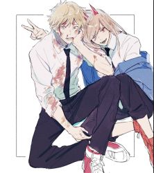 Rule 34 | 1boy, 1girl, 2yna, arm around shoulder, black pants, bleeding, blonde hair, blood, blood from mouth, blood splatter, blood on clothes, blue jacket, chainsaw man, collared shirt, denji (chainsaw man), eyelashes, hair between eyes, hand on own face, highres, horns, jacket, leaning on person, long hair, long sleeves, nosebleed, open mouth, orange eyes, pants, pink hair, power (chainsaw man), red eyes, shirt, short hair, sitting, sleeves past elbows, sleeves rolled up, smile, teeth, v, white background, white shirt