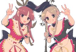Rule 34 | 2girls, apron, arm up, back bow, bamboo, black bow, black headwear, bow, breasts, brown eyes, brown hair, buttons, closed mouth, dress, eyes visible through hair, green dress, green eyes, green hair, grey apron, hands up, hat, itomugi-kun, leaf, looking at viewer, looking away, medium breasts, multiple girls, myouga (plant), nishida satono, pink dress, plant, puffy short sleeves, puffy sleeves, red bow, short hair, short hair with long locks, short sleeves, simple background, smile, standing, teeth, teireida mai, touhou, v, v-shaped eyebrows, white background, yellow bow