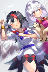 Rule 34 | ..., 2girls, absurdres, arrow (symbol), black hair, blue bow, bow, bowtie, bracelet, closed eyes, cone horns, dress, feathered wings, feathers, grey horns, highres, horns, jewelry, kijin seija, kishin sagume, lying, multicolored hair, multiple girls, on back, purple dress, purple skirt, red bow, red bowtie, red eyes, red hair, short hair, single wing, skirt, sleeping, sorusugar0141, streaked hair, touhou, white background, white hair, white wings, wings, zzz