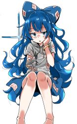 Rule 34 | 1girl, bangle, bare legs, barefoot, blue bow, blue eyes, blue hair, blue skirt, bow, bracelet, cup, debt, drawstring, expressionless, feet out of frame, grey shirt, hair bow, hand on own chest, highres, holding, holding cup, jewelry, large bow, long hair, looking at viewer, parted lips, sanpaku, shaded face, shirt, short sleeves, simple background, skirt, solo, stuffed animal, stuffed toy, touhou, very long hair, wavy mouth, white background, yorigami shion, zk (zk gundan)