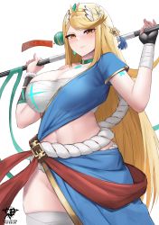 Rule 34 | 1girl, absurdres, alternate costume, blonde hair, breasts, chest jewel, cleavage, cosplay, fire emblem, gem, headpiece, highres, kaos art, large breasts, long hair, lyn (fire emblem), lyn (fire emblem) (cosplay), mythra (xenoblade), nintendo, solo, swept bangs, tiara, very long hair, xenoblade chronicles (series), xenoblade chronicles 2, yellow eyes