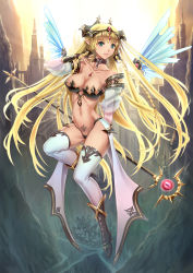 Rule 34 | 1girl, armor, bikini armor, blonde hair, boots, braid, breasts, canyon, castle, chain, cleavage, collar, day, detached sleeves, elf, flying, full body, green eyes, highres, holding, legs, long hair, looking at viewer, navel, orb, outdoors, panties, path, pointy ears, revealing clothes, road, scepter, solo, staff, sunlight, tattoo, thighhighs, underwear, very long hair, village, wand, wings, youbou