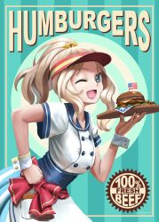 Rule 34 | 10s, 1girl, abazu-red, alternate costume, alternate hairstyle, american flag, blonde hair, blue eyes, cuffs, english text, food, french fries, girls und panzer, hair ornament, burger, highres, kay (girls und panzer), one eye closed, ponytail, ribbon, sleeveless, smile, solo, star (symbol), tray, visor cap, waitress, wrist cuffs