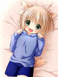 Rule 34 | 1boy, animal ears, blonde hair, blush, dog boy, dog ears, dog tail, fang, fangs, green eyes, hood, hoodie, lying, male focus, on back, open mouth, original, paw pose, rionoil, shorts, smile, solo, tail