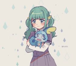 Rule 34 | 1girl, aqua hair, argyle, argyle background, argyle clothes, blunt bangs, blush, buttons, collared shirt, commentary request, cowboy shot, creatures (company), crossed arms, crossover, crying, crying with eyes open, dot nose, duplicate, furrowed brow, futaba sana, game freak, gen 8 pokemon, hair ornament, hair scrunchie, holding, holding pokemon, jewelry, layered sleeves, long sleeves, looking at viewer, magia record: mahou shoujo madoka magica gaiden, mahou shoujo madoka magica, medium hair, mizuna girls&#039; academy school uniform, nintendo, open mouth, pixel-perfect duplicate, pleated skirt, pokemon, pokemon (creature), purple shirt, purple skirt, ring, sad, school uniform, scrunchie, shirt, shirt under shirt, short over long sleeves, short sleeves, sidelocks, simple background, skirt, sobble, solo, standing, streaming tears, tareme, tears, totte, trait connection, twintails, twitter username, uniform, upper body, wavy hair, wavy mouth, white background, white shirt, yellow scrunchie