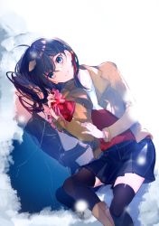 Rule 34 | 1boy, 1girl, ahoge, black hair, black thighhighs, blue eyes, boots, brown footwear, denim, denim skirt, dutch angle, gift, hair between eyes, highres, holding, holding gift, jacket, looking at viewer, lying, miwano rag, on side, open clothes, open jacket, original, parted lips, skirt, smile, solo focus, sweater, tears, thighhighs, tsuishin soragoto ni hohoenda kimi e, v-neck