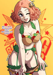Rule 34 | bare shoulders, bikini, breasts, burger, cleavage, clothes pull, english text, highres, kinkymation, medium breasts, okumura haru, one-piece swimsuit pull, one eye closed, open mouth, orange hair, persona, persona 5, smile, solo, swimsuit, undressing