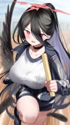 Rule 34 | 1girl, black hair, black wings, blue archive, blue jacket, breasts, choker, collarbone, feathers, gym shorts, hair between eyes, halo, hasumi (blue archive), hasumi (track) (blue archive), highres, jacket, kikurage tom., large breasts, long hair, motion blur, outdoors, ponytail, red eyes, relay baton, running, shorts, solo, very long hair, wings
