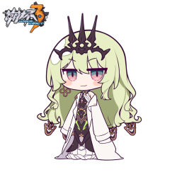 Rule 34 | 1girl, bare shoulders, black dress, blush stickers, chibi, closed mouth, commentary request, copyright name, dress, eta, full body, green hair, hair between eyes, honkai (series), honkai impact 3rd, long hair, mobius (honkai impact), off shoulder, open clothes, pink eyes, simple background, sleeveless, sleeveless dress, smile, solo, very long hair, white background