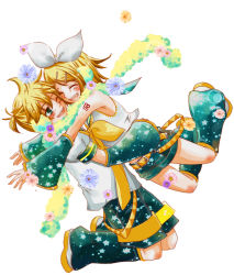 Rule 34 | 1boy, 1girl, blonde hair, bow, brother and sister, daisy, detached sleeves, flower, hair bow, happy, kagamine len, kagamine rin, one eye closed, sakanashi, short hair, shorts, siblings, simple background, star (symbol), twins, vocaloid, white background, wink