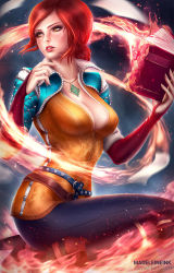 Rule 34 | 1girl, book, breasts, cleavage, female focus, fire, jewelry, long hair, looking away, madeleine bellwoar, necklace, panned clothes, pants, red hair, solo, the witcher (series), the witcher 3, triss merigold, watermark