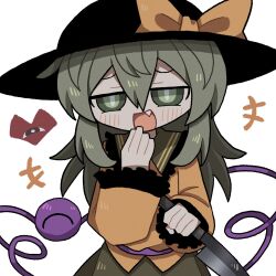 Rule 34 | 1girl, black hat, blush, bow, facing viewer, frilled sleeves, frills, hat, hat bow, highres, holding, holding knife, knife, komeiji koishi, light green hair, long sleeves, looking at viewer, motion lines, open mouth, simple background, single tooth, smile, solo, sweater, third eye, touhou, upper body, white background, yellow bow, yellow sweater, zunusama