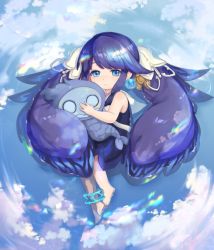 Rule 34 | 1girl, anklet, barefoot, blue eyes, blue hair, child, closed mouth, fins, hair ornament, holding, holding stuffed toy, in water, jewelry, long hair, looking at viewer, lying, nightmare (sinoalice), ningyo hime (sinoalice), nomi (kurocxx110), on back, ribbon, sad, sidelocks, sinoalice, solo, stuffed toy, twintails, very long hair