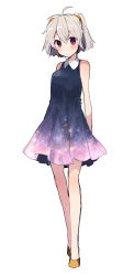 Rule 34 | 1girl, ahoge, alternate costume, angel chromosome xx, arms behind back, bad id, bad tumblr id, bare arms, bare shoulders, blue dress, closed mouth, collared dress, dress, full body, hair between eyes, highres, ikeuchi tanuma, looking at viewer, neon genesis evangelion, orange footwear, print dress, red eyes, shoes, short hair, silver hair, simple background, sketch, sleeveless, sleeveless dress, solo, standing, starry sky print, tabris-xx, twintails, white background