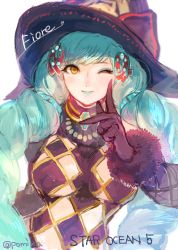 Rule 34 | 1girl, black gloves, breasts, eyeshadow, fiore brunelli, gloves, green hair, hat, lipstick, looking at viewer, makeup, pomiko (mokokkokon), smile, solo, star ocean, star ocean integrity and faithlessness, upper body, wink, witch hat, yellow eyes