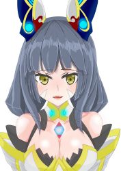 Rule 34 | 1girl, absurdres, breasts, cleavage, gem, grey hair, highres, large breasts, long hair, looking at viewer, nia (blade) (xenoblade), nia (xenoblade), nintendo, niyah, pzliaoxi, simple background, smile, spoilers, white background, xenoblade chronicles (series), xenoblade chronicles 2, xenoblade chronicles (series), xenoblade chronicles 2, yellow eyes