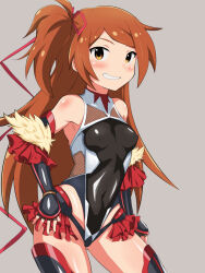 Rule 34 | 1girl, bare shoulders, blush, breasts, cosplay, covered erect nipples, covered navel, cowboy shot, dot nose, fingerless gloves, fur trim, gloves, grey background, hair ribbon, hands on own thighs, high side ponytail, highleg, highleg leotard, highres, idolmaster, idolmaster million live!, idolmaster million live! theater days, leotard, light smile, long hair, looking at viewer, medium breasts, nejime (nejimeinu), ogami tamaki, open mouth, orange hair, parted bangs, parted lips, red ribbon, ribbon, sidelocks, simple background, sleeveless, solo, taimanin suit, teeth, very long hair