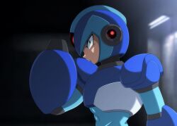 Rule 34 | 1boy, android, arm cannon, armor, artist name, blue armor, blue helmet, commentary, energy gun, english commentary, forehead jewel, from side, green eyes, helmet, highres, indoors, looking at viewer, male focus, mega man (series), mega man x (series), rockmangrave, serious, shoulder armor, solo, upper body, watermark, weapon, x (mega man), x buster