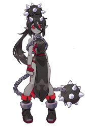 Rule 34 | 1girl, arms at sides, black eyes, black hair, boots, chain, collar, colored sclera, colored skin, commentary, cuffs, demon girl, english commentary, flail, full body, grey skin, hair between eyes, hair bun, highres, horns, long hair, looking to the side, original, orisghost, pointy ears, ponytail, red sclera, shackles, simple background, single hair bun, solo, standing, tabard, very long hair, weapon, white background