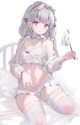 Rule 34 | 1girl, bare shoulders, bed, bra, breasts, cleavage, collarbone, commentary request, detached collar, grey hair, hairband, hand up, head tilt, highleg, highleg panties, highres, holding, jewelry, lace, lace-trimmed legwear, lace trim, long hair, looking at viewer, low twintails, mihasu, nail polish, navel, necklace, off shoulder, on bed, open clothes, open shirt, original, panties, parted lips, pillow, pink eyes, pink nails, pinky out, shiny clothes, shirt, sitting, small breasts, smile, solo, stomach, thighhighs, twintails, underwear, white bra, white hairband, white panties, white shirt, white thighhighs