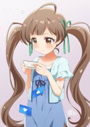 Rule 34 | ..., 1girl, ahoge, bare arms, blue dress, blue ribbon, blush, brown eyes, brown hair, card, closed mouth, collarbone, commentary request, cowboy shot, dress, flat chest, floating card, frilled sleeves, frills, frown, furrowed brow, goma konbu, gradient background, green ribbon, hair ribbon, hakozaki serika, hands up, highres, holding, holding card, idolmaster, idolmaster million live!, lace, lace-trimmed dress, lace trim, long hair, looking at object, looking down, open clothes, open shirt, pink background, ribbon, shirt, short sleeves, solo, swept bangs, three quarter view, twintails, very long hair, white background, white shirt