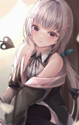 Rule 34 | 1girl, asumi sena, bare shoulders, black jacket, black thighhighs, demon tail, detached collar, grey hair, hair ornament, hand on own cheek, hand on own face, highres, horo 27, jacket, long hair, long sleeves, looking at viewer, low twintails, multicolored hair, off shoulder, pink eyes, pink hair, solo, streaked hair, tail, thighhighs, twintails, very long hair, virtual youtuber, vspo!, wing collar, x hair ornament