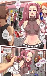 Rule 34 | 1boy, 3girls, arm grab, bad id, bad pixiv id, breasts, comic, covered erect nipples, fang, highres, korean text, long hair, medium breasts, midriff, multiple girls, navel, ooyun, original, pants, pink hair, purple eyes, shiny skin, sleeveless, sleeveless sweater, standing, sweater, translation request, twintails