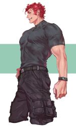 Rule 34 | 1boy, alexandros (fate), belt, black belt, black shirt, blush, covered abs, cropped legs, fate (series), iskandar (fate), jeje (pixiv12541114), large pectorals, long sideburns, looking at viewer, lord el-melloi ii case files, male focus, muscular, muscular male, pectorals, shirt, short hair, sideburns, smile, solo, watch, wristwatch