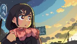 Rule 34 | 1girl, :o, animated, animated png, black coat, black hair, blinking, breath, breathing, cloud, coat, dusk, gradient sky, hair ornament, hairclip, looping animation, original, oyuzaki (ayuzaki), pink scarf, pixel art, power lines, road sign, scarf, sidelighting, sign, sky, solo, star (sky), starry sky, sunset, winter clothes, winter coat