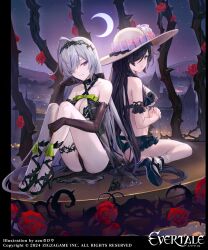 Rule 34 | 2girls, absurdres, ahoge, artist name, azu-taro, bare shoulders, bikini, black hair, blue eyes, breasts, cleavage, closed mouth, collarbone, commentary request, copyright name, criss-cross halter, elbow gloves, evertale, flower, full body, gloves, gradient sky, grey hair, hair ornament, hair over one eye, hairband, halterneck, hat, high heels, highres, knees up, logo, multiple girls, night, night sky, official art, own hands together, purple eyes, rose, sitting, sky, smile, star (sky), starry sky, swimsuit, thighs, thorns, toeless footwear, wariza