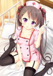 Rule 34 | 10s, 1girl, 2016, absurdres, bed, black hair, breasts, cleavage, happy, hat, highres, long hair, looking at viewer, maccha, moe2016, nurse, on bed, original, purple eyes, ribbon, sitting, solo, thighhighs, tsurime, twintails, wariza