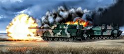 Rule 34 | bad id, bad pixiv id, caterpillar tracks, cloud, commentary request, day, explosion, forest, grass, highres, k1 (tank), k2 black panther, korean commentary, military, military vehicle, motor vehicle, nature, no humans, original, sky, smoke, tank, vehicle focus, yihan1949, yihan world
