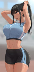 Rule 34 | 1girl, armpits, arms up, black hair, black shorts, blue sports bra, blurry, blurry background, breasts, commentary request, dark-skinned female, dark skin, hair between eyes, hair tie in mouth, highres, large breasts, moruta (sunu-pio), mouth hold, navel, original, purple eyes, shorts, sidelocks, solo, sports bra, sportswear, standing, sweat, tying hair