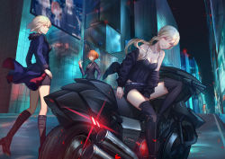 Rule 34 | 3girls, absurdres, artist name, artoria pendragon (all), artoria pendragon (fate), bad id, bad pixiv id, between legs, black dress, black footwear, black jacket, black shirt, blonde hair, blue jacket, boots, breasts, brown footwear, cleavage, collarbone, commentary request, dress, email2140, fate/grand order, fate (series), formal, from side, fujimaru ritsuka (female), fujimaru ritsuka (female) (royal brand), fur trim, hair ribbon, hand between legs, highres, jacket, jeanne d&#039;arc (fate), jeanne d&#039;arc alter (fate), jeanne d&#039;arc alter (ver. shinjuku 1999) (fate), jewelry, knee boots, long hair, long sleeves, looking at viewer, medium breasts, motor vehicle, motorcycle, multiple girls, necklace, necktie, night, night sky, official alternate costume, one side up, orange eyes, orange hair, outdoors, ribbon, saber alter, saber alter (ver. shinjuku 1999) (fate), shirt, short hair, short shorts, shorts, sitting, sky, thigh boots, thighhighs, white shirt, yellow eyes