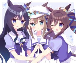 Rule 34 | 3girls, :d, ;d, animal ears, black hair, blue eyes, blue ribbon, blush, bow, bowtie, brown hair, cheval grand (umamusume), commentary, ear covers, hair between eyes, hair ribbon, hat, highres, horse ears, horse girl, horseshoe ornament, long hair, looking at viewer, mole, mole under eye, multicolored hair, multiple girls, nameko (aa 04), one eye closed, open mouth, peaked cap, pleated skirt, puffy short sleeves, puffy sleeves, purple bow, purple bowtie, purple serafuku, purple shirt, ribbon, sailor collar, sailor hat, sailor shirt, school uniform, serafuku, shirt, short hair, short sleeves, siblings, single ear cover, sisters, skirt, smile, streaked hair, tracen school uniform, twintails, two-tone hair, umamusume, verxina (umamusume), vivlos (umamusume), white hair, white headwear, white skirt