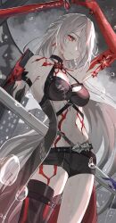 Rule 34 | 1girl, absurdres, acheron (honkai: star rail), arm up, asymmetrical footwear, bare shoulders, black choker, black shorts, blood, bloody tears, body markings, boots, choker, flower, gloves, hair over one eye, highres, holding, holding sword, holding weapon, honkai: star rail, honkai (series), long hair, midriff, navel, red eyes, red flower, short shorts, shorts, solo, standing, stomach, sword, thigh boots, tororogohan, water drop, weapon, white hair