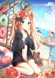Rule 34 | abigail williams (fate), absurdres, animal, animal on head, bad id, bad pixiv id, bare legs, barefoot, beach, bikini, black jacket, blonde hair, blue bikini, blue eyes, blue sky, blush, bow, closed mouth, cloud, collarbone, commentary request, crazy straw, crossed bandaids, day, drinking straw, dutch angle, fate/grand order, fate (series), flower, hair bow, hair flower, hair ornament, hands up, heart straw, highres, hood, hood down, hooded jacket, horizon, innertube, jacket, long hair, long sleeves, navel, ocean, octopus, on head, orange bow, outdoors, parfait, parted bangs, red flower, rock, rot zzi, sand, sitting, sky, sleeves past fingers, sleeves past wrists, smile, solo, stuffed animal, stuffed toy, swim ring, swimsuit, teddy bear, twintails, very long hair, wariza, water, yellow flower