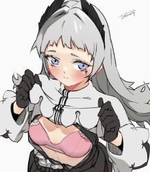 Rule 34 | 1girl, :s, animated, animated gif, arknights, black gloves, black jacket, blinking, blue eyes, blush, bra, breasts, capelet, capelet lift, closed mouth, clothes lift, dress, embarrassed, gloves, grey capelet, grey hair, head wings, highres, irene (arknights), jacket, lifting own clothes, long hair, long sleeves, looking at viewer, open clothes, open dress, pink bra, scar, scar across eye, scar on face, seto tinami, signature, small breasts, solo, underwear, upper body, wings