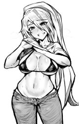 Rule 34 | 1girl, absurdres, bikini, bikini top only, blush, breasts, cleavage, clothes lift, denim, gggg, greyscale, grin, highres, jeans, large breasts, lifting own clothes, long hair, looking at viewer, monochrome, navel, nikaidou saki, pants, shirt, shirt lift, side ponytail, simple background, smile, solo, standing, sweat, swimsuit, thick eyebrows, white background, zombie land saga