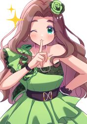 Rule 34 | 1girl, ;), absurdres, blush, dress, earrings, flower, green dress, hair flower, hair ornament, hand on own hip, highres, idolmaster, idolmaster cinderella girls, index finger raised, jewelry, kahiika, kusakabe wakaba, long hair, looking at viewer, necklace, one eye closed, simple background, single-shoulder dress, smile, solo, sparkle, white background