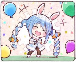 Rule 34 | +++, 1girl, ^ ^, absurdly long hair, animal ear fluff, animal ears, ball, balloon, black gloves, black pantyhose, blue hair, blush, border, bow, braid, bridal garter, carrot, chibi, closed eyes, coat, commentary request, confetti, creature, don-chan (usada pekora), extra ears, eyebrows, facing viewer, food-themed hair ornament, full body, fur-trimmed coat, fur trim, gloves, hair bow, hair ornament, happy, hololive, laughing, legs apart, long braid, long hair, multicolored hair, open mouth, pantyhose, partial commentary, pigeon-toed, pom pom (clothes), rabbit ears, rabbit girl, sakino shingetsu, short eyebrows, sidelocks, smile, split mouth, star (symbol), teeth, thick eyebrows, twin braids, twintails, upper teeth only, usada pekora, usada pekora (1st costume), very long hair, virtual youtuber, white border, white bow, white coat