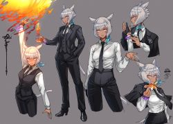 Rule 34 | 1girl, absurdres, animal ears, bracelet, breasts, business suit, cat ears, cat tail, contrapposto, cropped legs, cropped torso, dark-skinned female, dark skin, facial mark, feather hair ornament, feathers, final fantasy, final fantasy xiv, fire, formal, gloves, grey background, grey eyes, hair ornament, hand in pocket, high-waist pants, high heels, highres, hjz (artemi), jacket, jewelry, medium breasts, miqo&#039;te, multiple views, neck tattoo, necktie, pant suit, pants, partially fingerless gloves, ring, shirt, short hair, suit, suit jacket, tail, tattoo, whisker markings, white shirt, y&#039;shtola rhul
