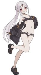 Rule 34 | 1girl, abigail williams (fate), abigail williams (swimsuit foreigner) (fate), abigail williams (swimsuit foreigner) (first ascension) (fate), absurdres, bare shoulders, bikini, black bikini, black footwear, black jacket, blush, breasts, collarbone, colored skin, fate/grand order, fate (series), forehead, full body, highres, jacket, keyhole, kopaka (karda nui), long hair, long sleeves, looking at viewer, naughty face, navel, open clothes, open jacket, parted bangs, red eyes, sidelocks, small breasts, smile, solo, swimsuit, third eye, white hair, white skin