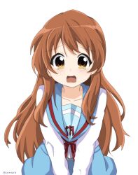 Rule 34 | 1girl, artist name, asahina mikuru, blue sailor collar, blue skirt, brown eyes, brown hair, collarbone, commentary request, crying, crying with eyes open, highres, kita high school uniform, long hair, long sleeves, looking at viewer, open mouth, pleated skirt, red ribbon, ribbon, sailor collar, school uniform, simple background, skirt, solo, suzumiya haruhi no yuuutsu, tears, teeth, tsukumo (tsukumo sos), twitter username, upper body, upper teeth only, watermark, white background, winter uniform